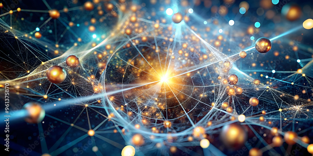 Poster cosmic web: a mesmerizing abstract image of a complex network of glowing orbs and lines, radiating e