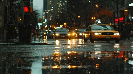 Obraz premium City Rain Night Street Reflections Yellow Taxi Car Lights