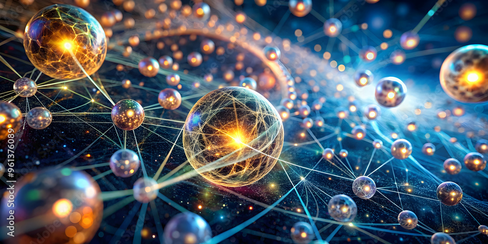 Poster cosmic network: a mesmerizing abstract visualization of interconnectedness, featuring glowing orbs a