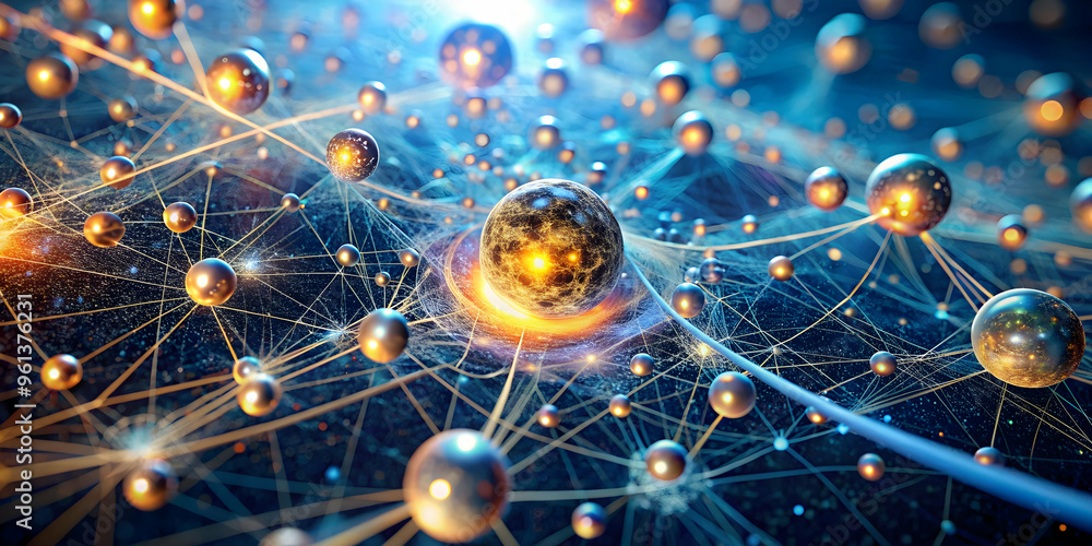 Poster quantum network nexus: a radiant orb pulsates with energy, its golden nodes interconnected within a 