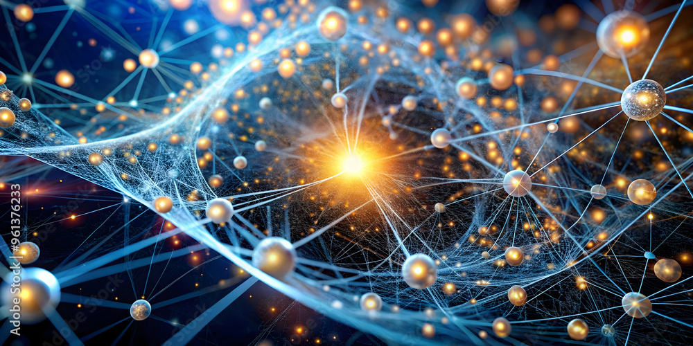 Poster quantum network nexus: a radiant orb pulsates with energy, its golden nodes interconnected within a 