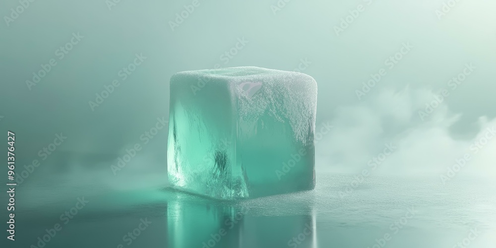 Poster a single ice cube on a frosted surface.