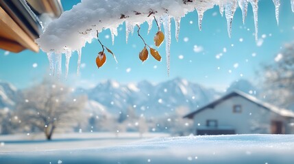 Falling icicles from a snow-covered roof in a winter scene