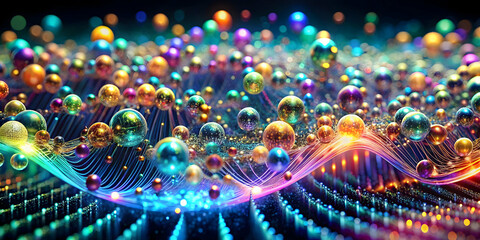 Chromatic Symphony: A mesmerizing dance of vibrant, iridescent spheres pulsating with energy, set against a dark backdrop, evoking a sense of wonder and the magic of the unseen. 