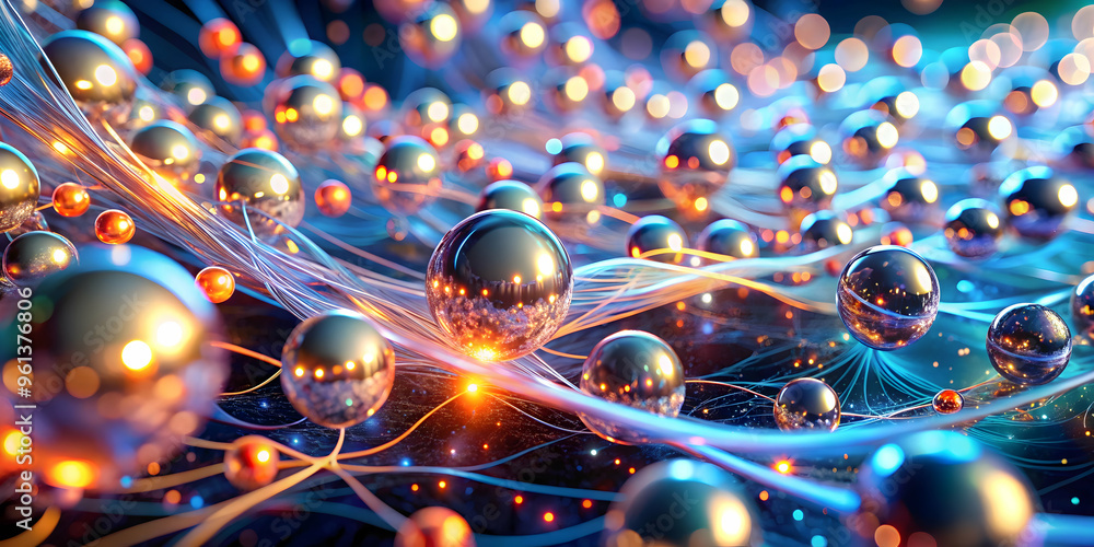 Poster interconnectedness: a vibrant abstract illustration showcasing a network of glowing orbs, interconne