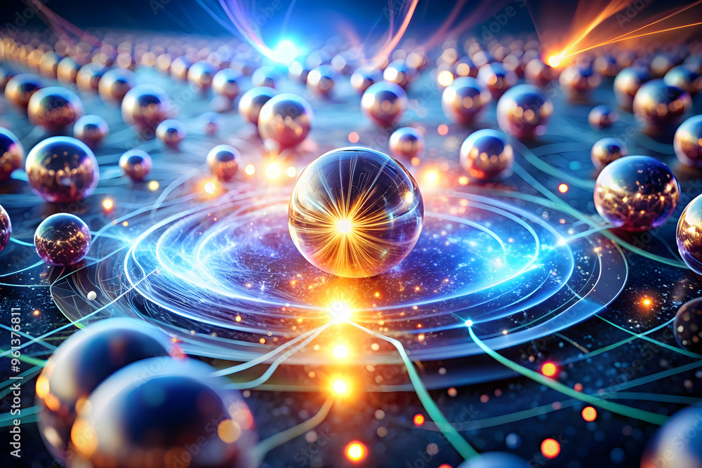 Poster interconnectedness: a vibrant abstract illustration showcasing a network of glowing orbs, interconne