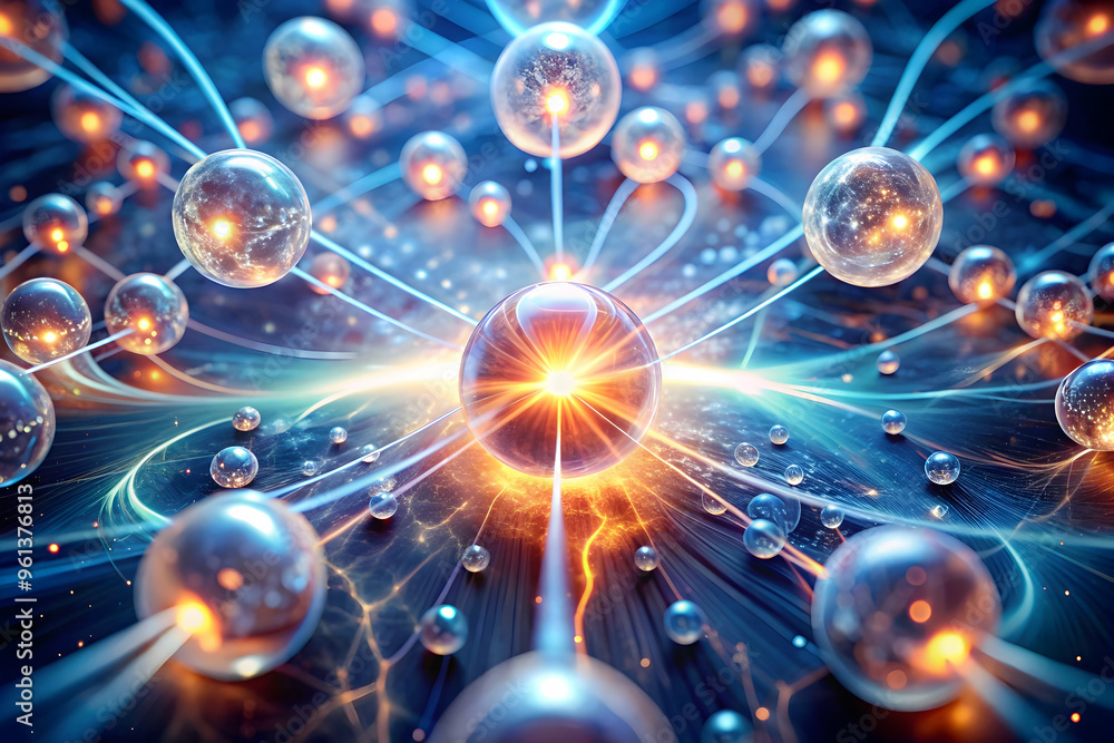 Poster interconnectedness: a vibrant abstract illustration showcasing a network of glowing orbs, interconne