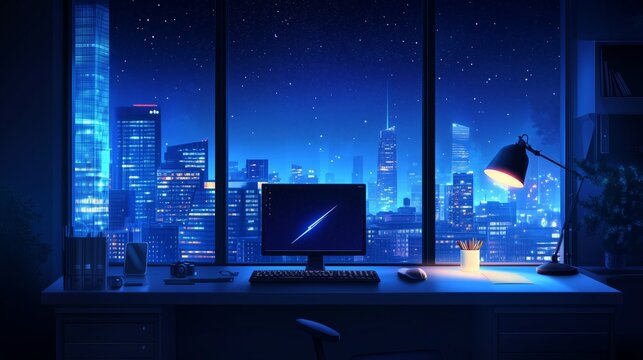 Night office room interior with workplace cartoon background. Empty workspace furniture and lamp light ray in evening. Neon cityscape, skyscraper and starry sky view concept from building window.