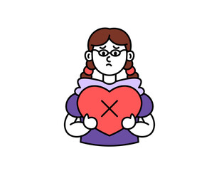 concept of love dead. no longer feel love. illustration of a woman holding a heart with a cross. sad and troubled facial expression. love or romance problems. outline style character design. elements