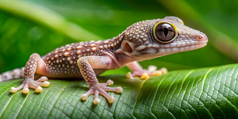 Fototapeta premium Curious Gecko on Vibrant Green Leaf 
