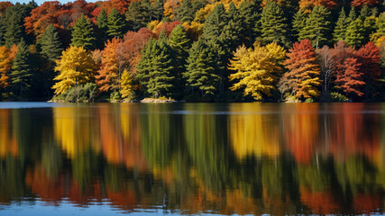 Obraz premium A tranquil lake reflecting vibrant autumn trees, leaving large areas of calm water and sky for copy space