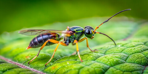 Fototapeta premium Striking Wasp Close-Up: A vibrant red and black wasp perched on a lush green leaf, its intricate details and sharp eyes captured in stunning macro photography. The natural beauty and intricate pattern