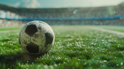 A close-up of a worn soccer ball on a grassy field in a stadium setting.