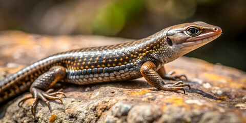 Naklejka premium Sun-Kissed Skink: A vibrant Australian skink basks on a sun-drenched rock, its intricate scales catching the light. 