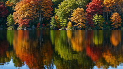 A tranquil lake reflecting vibrant autumn trees, leaving large areas of calm water and sky for copy space