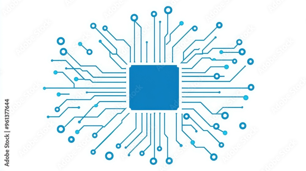 Poster a clean vector line art depicting a microchip seamlessly fused with organic neural connections.
