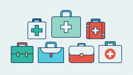 First Aid Kit and Medical Emergency Bag Icon Set: Medkit and Safety Symbols