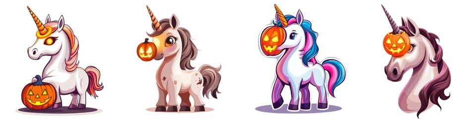A whimsical collection of Halloween-themed unicorns with pumpkins, perfect for festive illustrations and decorations.