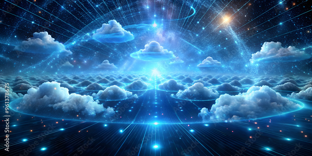 Poster cosmic cloud network: a mesmerizing abstract digital art piece, a celestial tapestry of clouds and c