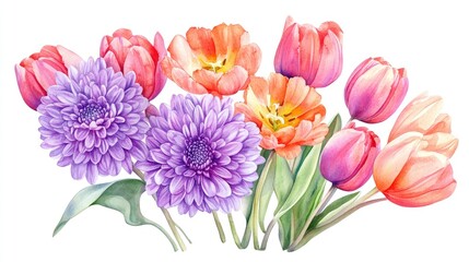 Obraz premium A Stunning Display of Watercolor Flowers: Vibrant Tulips and Chrysanthemums in Bloom