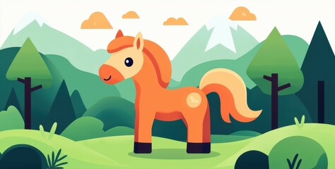 Naklejka premium Majestic stallion rears up, showcasing its beauty amid a vibrant summer forest filled with lush greenery and a gentle brook.