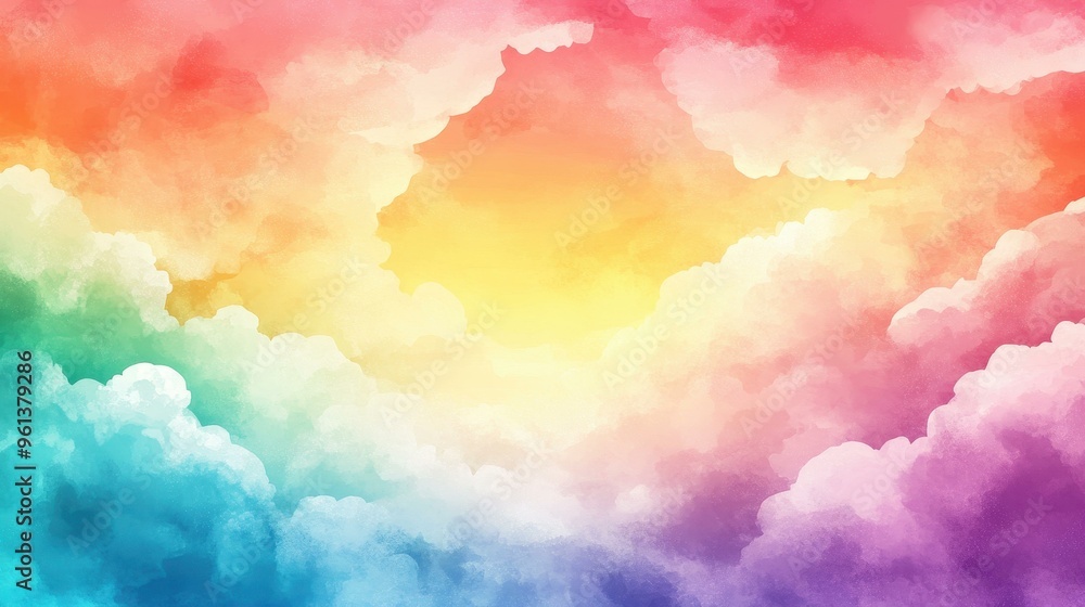 Wall mural A vibrant watercolor backdrop showcasing an abstract sunset sky filled with colorful clouds in rainbow hues.