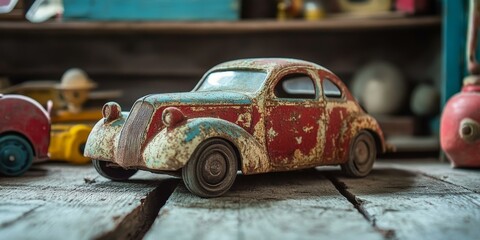 Rustic red, blue, and white toy car.