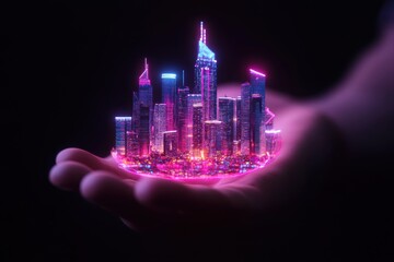 city skyline floats above a hand, illuminated in glowing neon colors