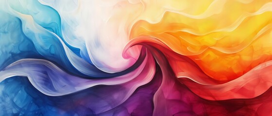 Obraz premium A multicolored abstract painting features waves and swirls against a white and blue backdrop Red, yellow, orange, and blue hues intertwine in dynamic swirls