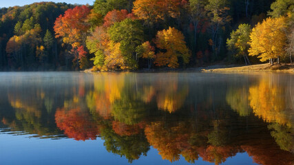 Fototapeta premium A tranquil lake reflecting vibrant autumn trees, leaving large areas of calm water and sky for copy space
