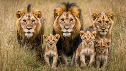 Lion Pride Family in African Savanna Grassland