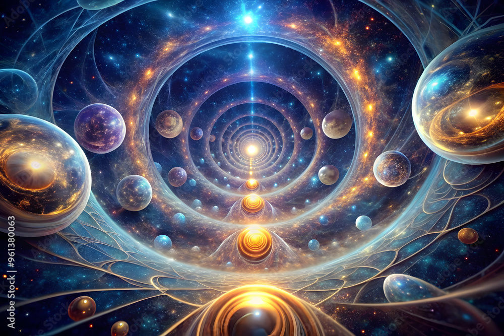 Poster cosmic vortex: a mesmerizing fractal journey through a swirling galaxy. vibrant colors and ethereal 