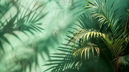 Palm Leaves Cast Shadows on a Green Wall