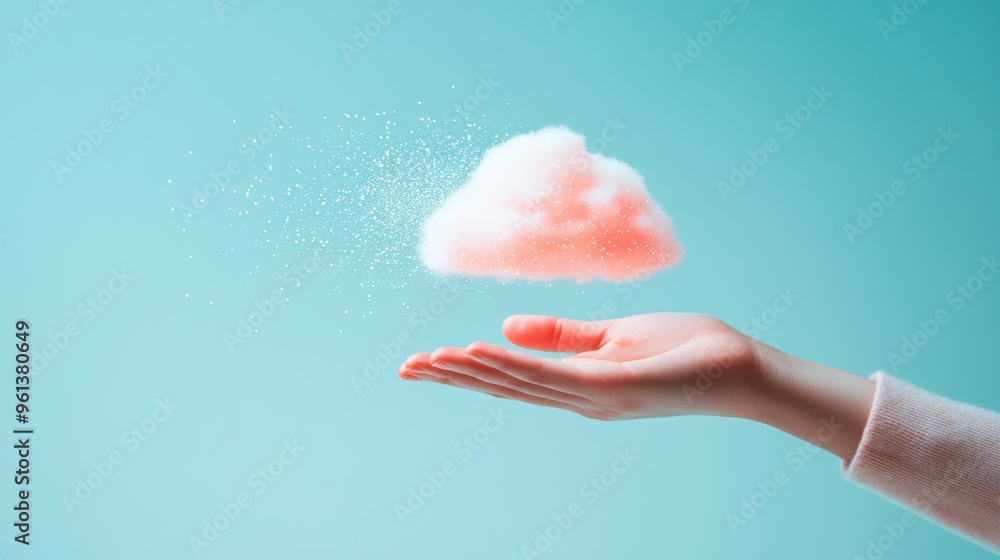 Poster a hand holding a miniature cloud icon, representing the storage and access of data on the cloud.