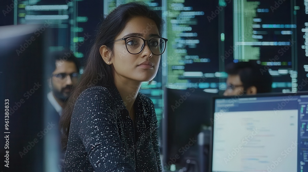 Poster young woman programmer working on a computer in a dark office