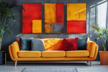 Brightly Colored Living Room With Modern Artwork and Stylish Upholstered Sofa