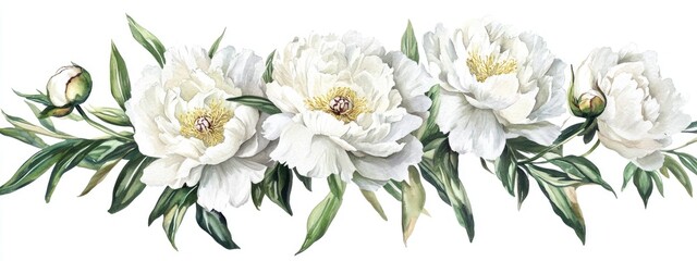 Obraz premium Beautiful White Peonies: Elegant Floral Watercolor Composition for Garden Inspiration