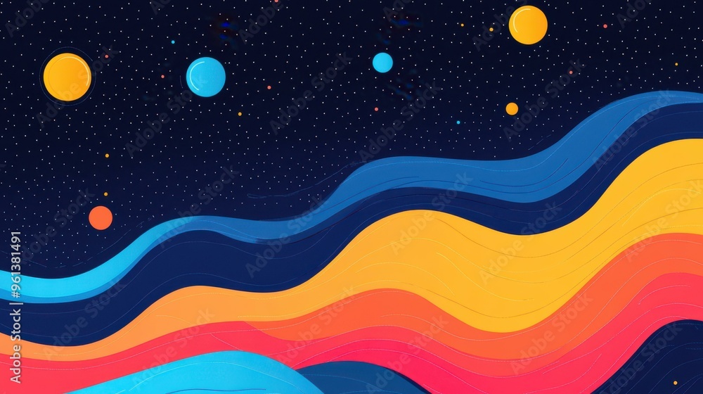 Poster explore vibrant waves with moving dots and lines in this colorful techinspired vector illustration.