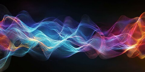 Abstract waves of colorful light on black background.