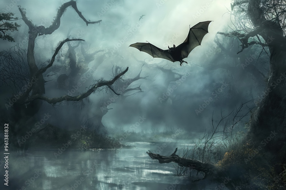 Poster bat flying over a swamp in a scary forest with bare trees and fog at night, creating a spooky and my