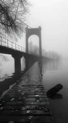 A wooden walkway leading to a suspension bridge on a misty morning.