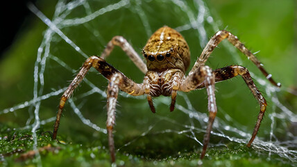 Fototapeta premium Spiderweb with Dewdrops: A mesmerizing close-up of a spider resting in its intricate web, adorned with glistening dewdrops. The image evokes a sense of wonder and the delicate beauty of nature.