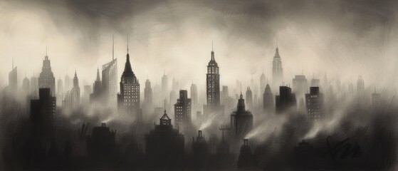Fototapeta premium A monochromatic cityscape painting featuring numerous smokestacks emitting thick plumes of smoke