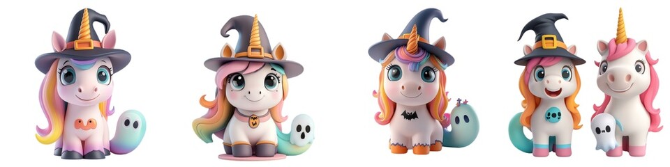 Fototapeta premium Charming unicorn figurines in whimsical hats, perfect for Halloween themes or playful decorations for all ages.