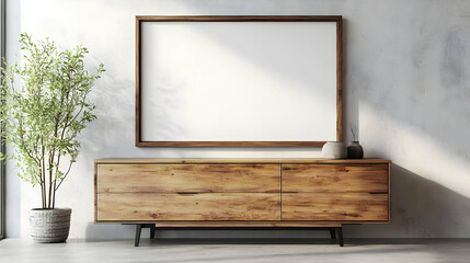A minimalist living room setup featuring a wooden TV cabinet and a blank frame on the wall.