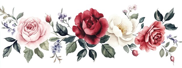 Elegant Watercolor Floral Arrangement Featuring Diverse Roses and Blooms