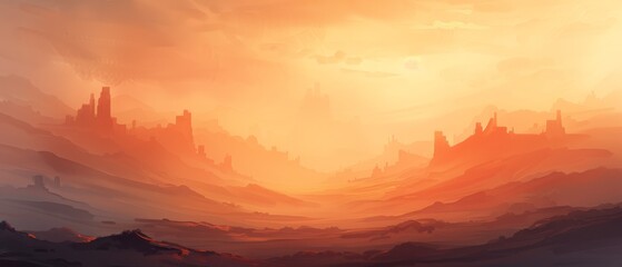 Obraz premium An orange and yellow painted sky with a city positioned in its midsection, and mountains in the background
