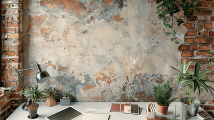 A Minimalist Workspace with Rustic Brick and Concrete Walls