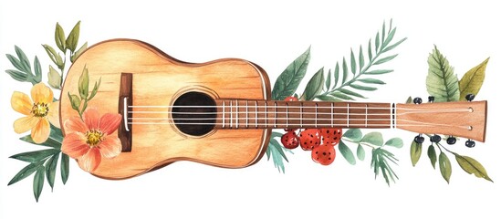 Beautiful Watercolor Ukulele Surrounded by Flowers and Leaves: A Perfect Blend of Music and Nature