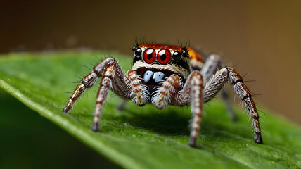 Fototapeta premium Jumping Spider Close-up: A captivating macro shot of a vibrant jumping spider with striking red eyes, perched on a green leaf, showcasing intricate details and a curious gaze. 